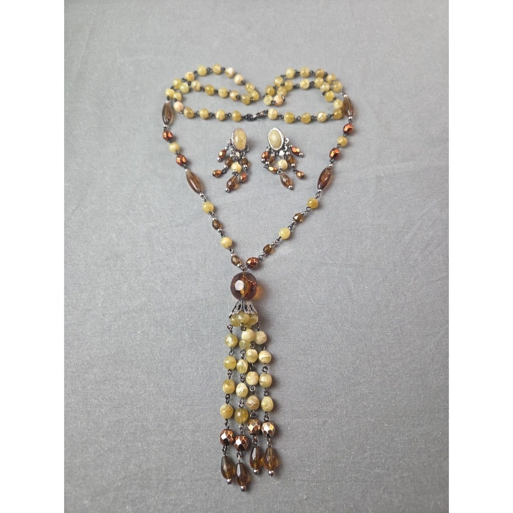 Avon Tassel Necklace Beaded Naturals Long Statement And Matching Earrings 1999